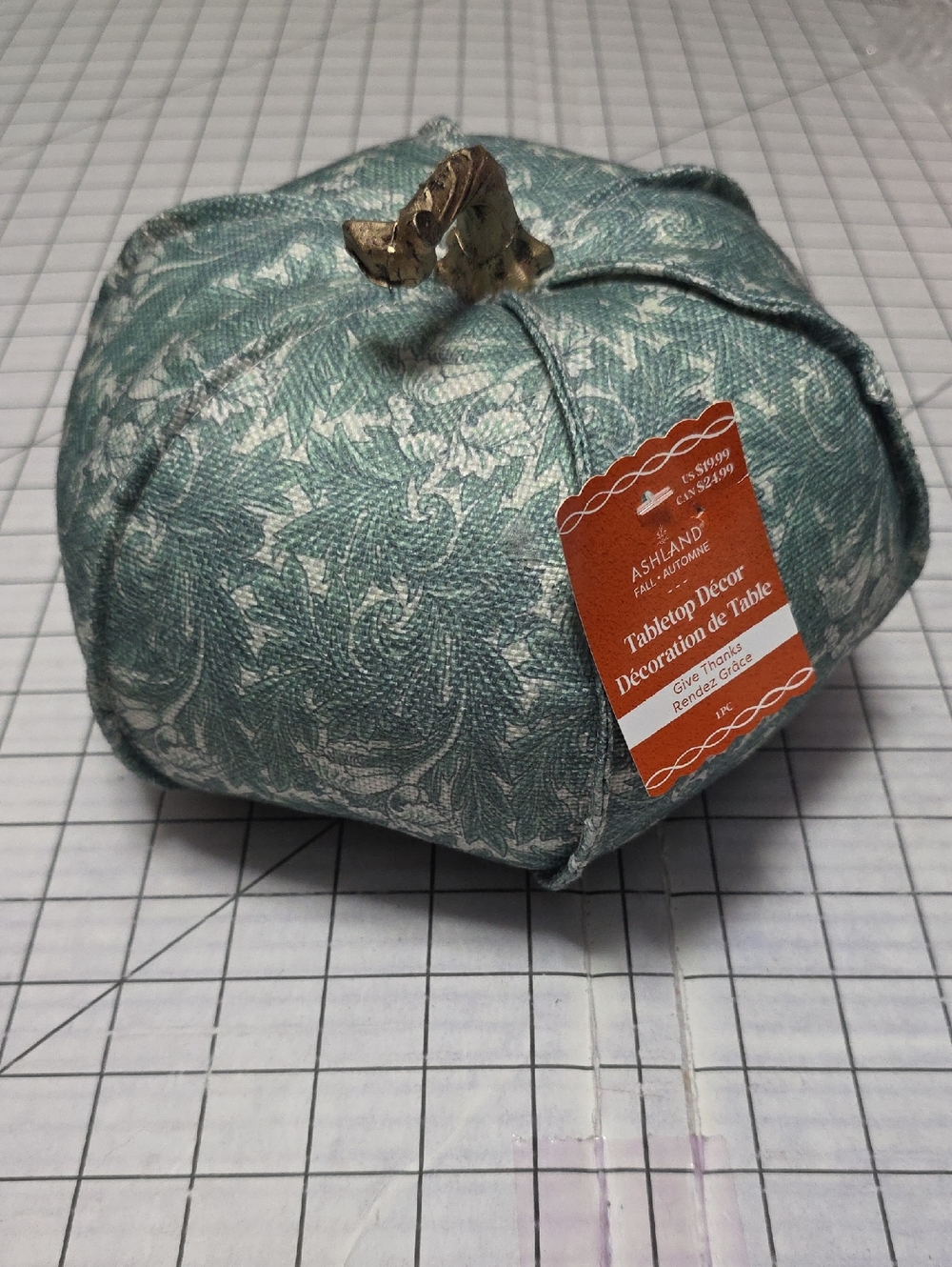 Ashland Sage Green Patterned Fabric Pumpkin  with Gold Stem, NWT